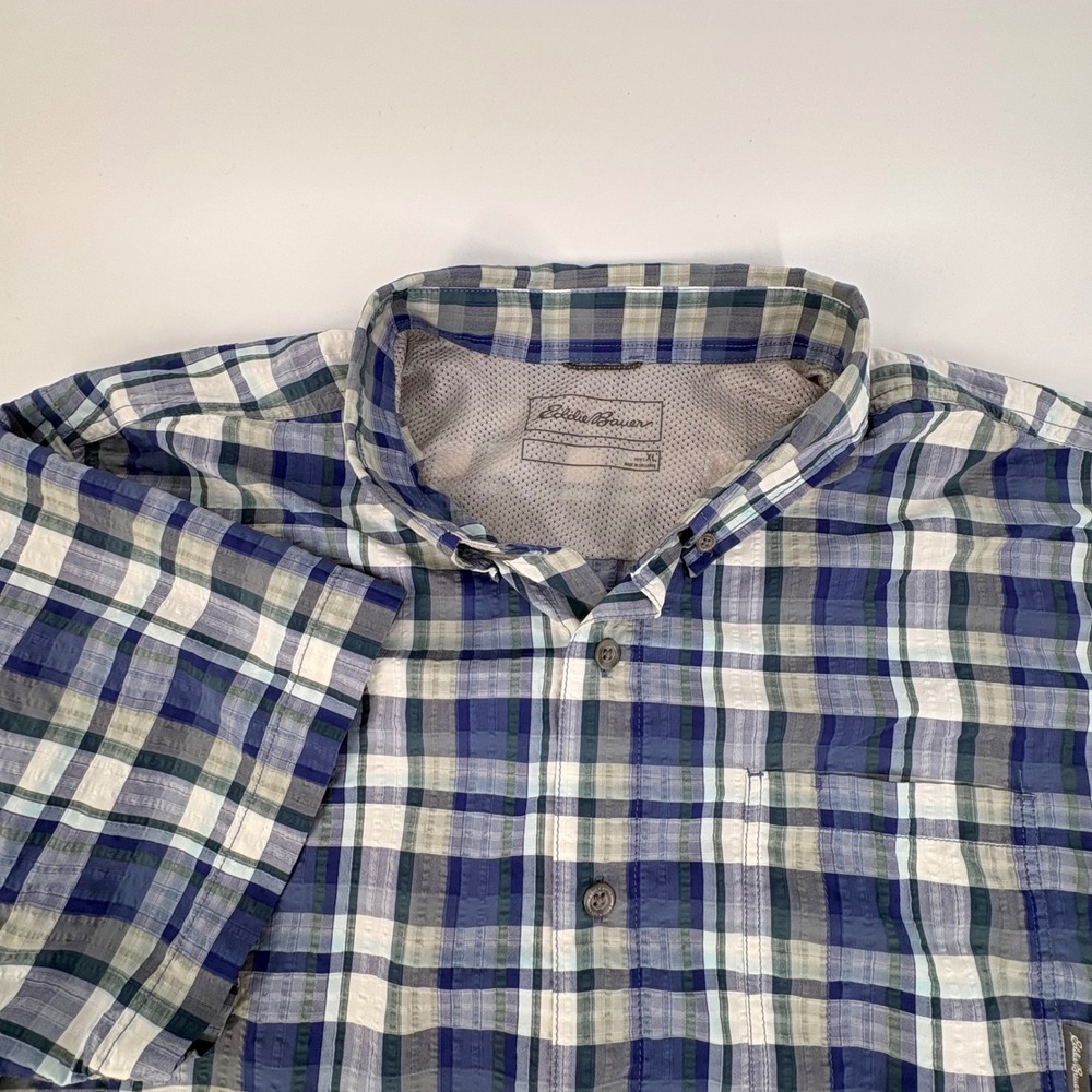 Eddie Bauer Mens XL Blue‎ Green Plaid Short Sleeve Button Down Performance Shirt